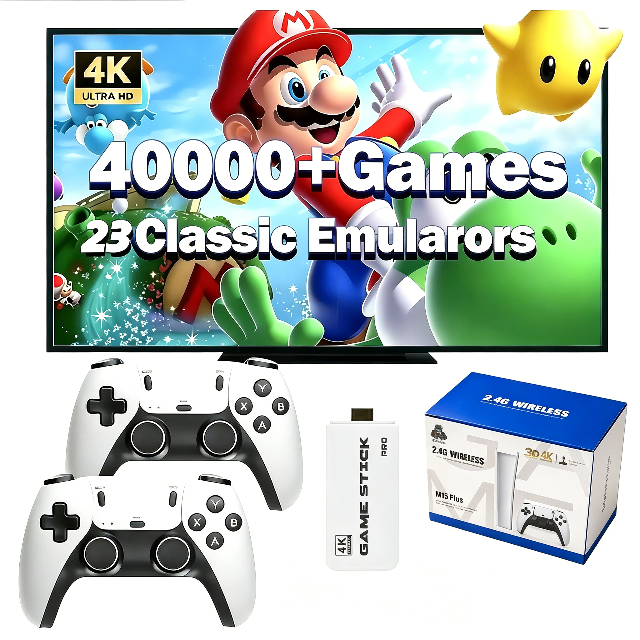 M15 Plus Retro Game Stick – 40,000+ Games, 23 Emulators & Dual Wireless Controllers